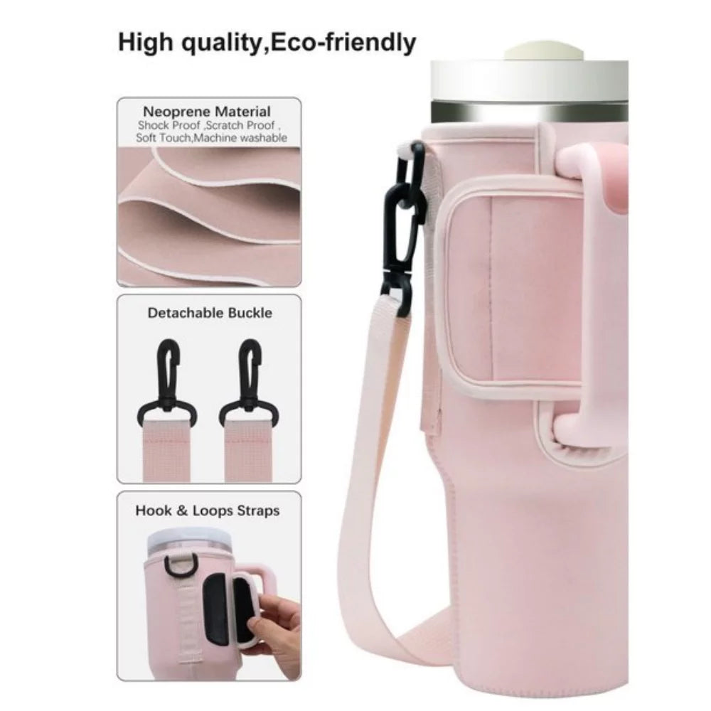 40oz Water Bottle Holder Bag with Adjustable Shoulder Strap & Straw Cover