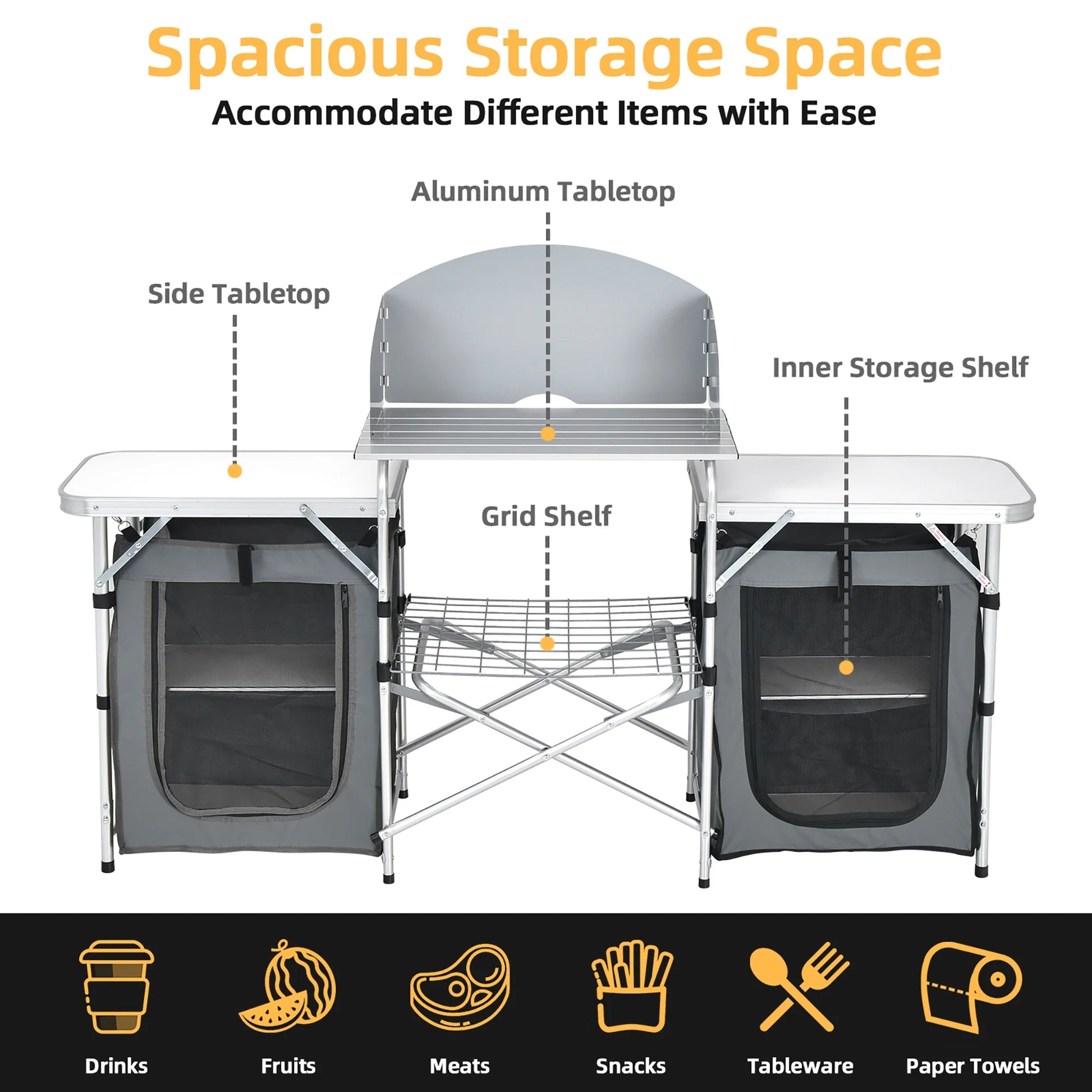 Folding Portable Aluminum Camping Grill Table W/ Storage Organizer Windscreen