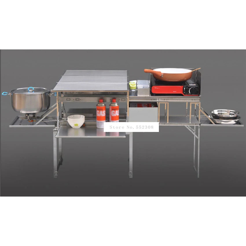 5-10 Person Outdoor Mobile Stainless Steel Kitchen with Gas Cooker Stove + Windshield