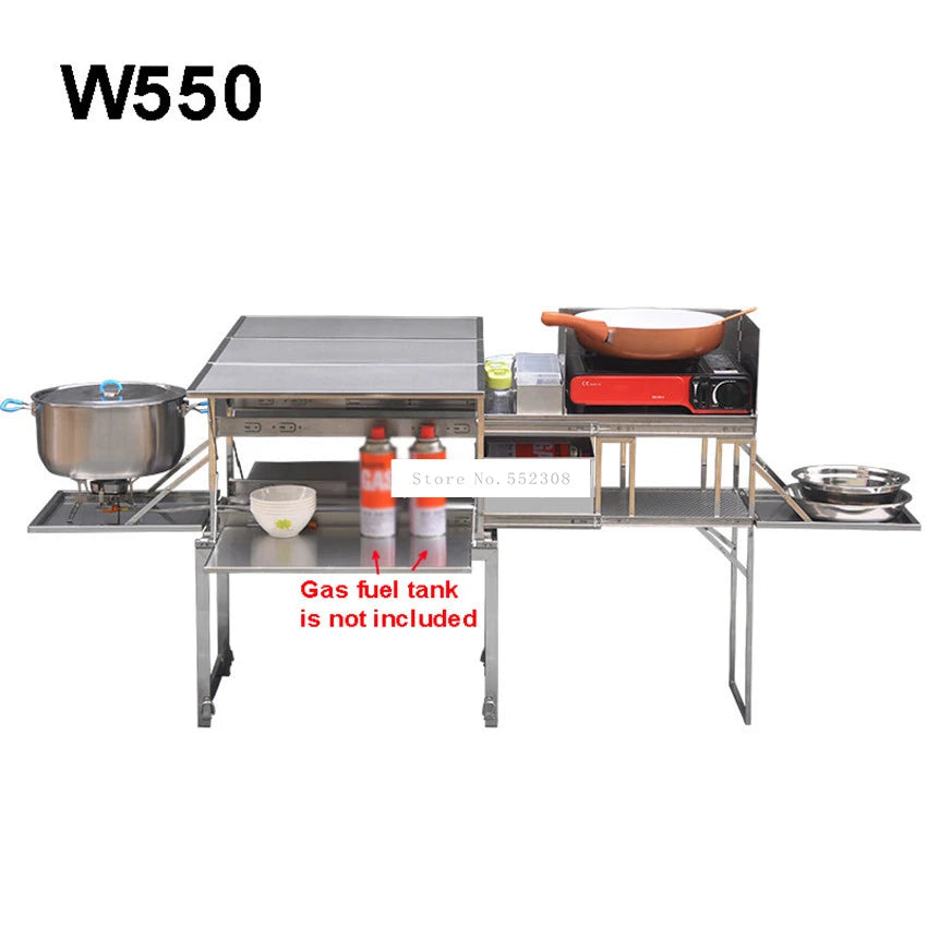 5-10 Person Outdoor Mobile Stainless Steel Kitchen with Gas Cooker Stove + Windshield