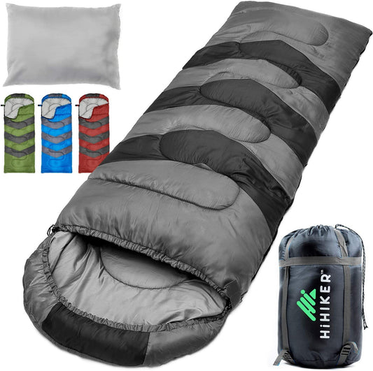 Camping Sleeping Bag + Travel Pillow W/Compact Compression Sack