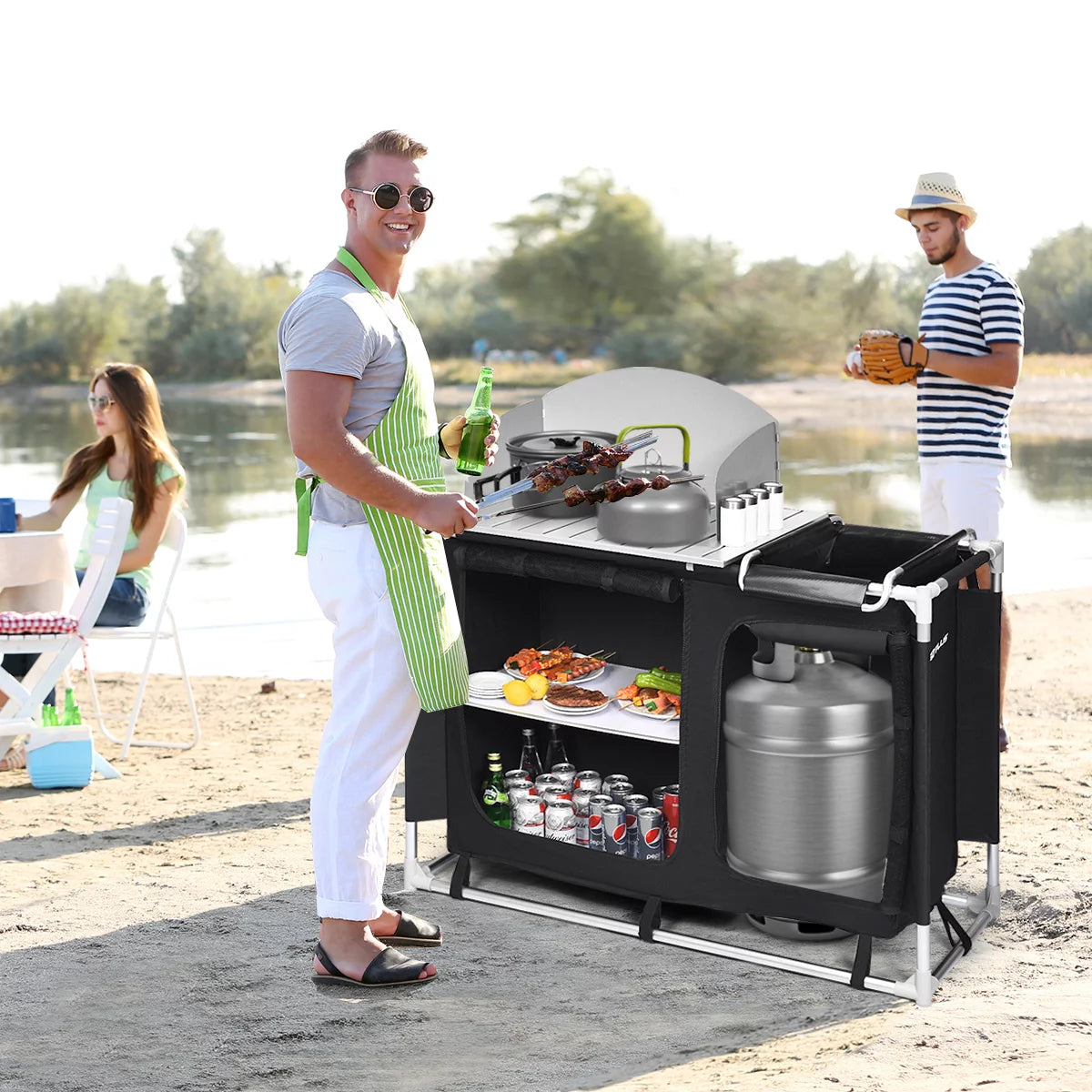 Goplus BBQ Grill Station W/ Storage Organizer Basin