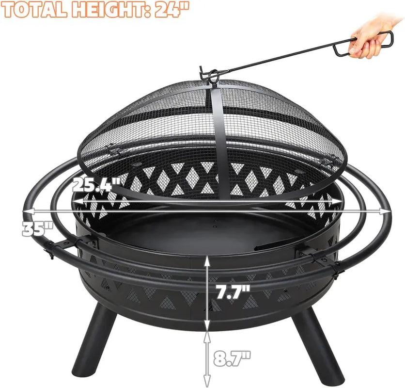 AMERLIFE 35 Inch Fire Pit, Outdoor Wood Burning Fire Pit Crossweave with Spark Screen Fire Poker with 2 Loops, for Backyard Patio Garden Bonfire