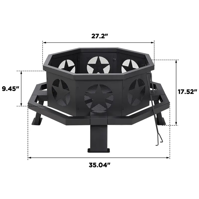 Amerlife 35 Inch Fire Pit, Outdoor Wood Burning Fire Pit Octagonal Heavy Duty Firepit for Camping