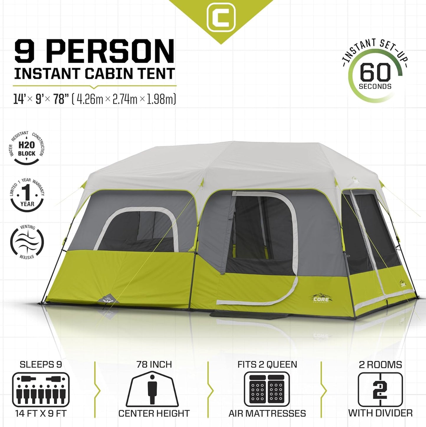 9 Person Instant Cabin Tent - 14' X 9', Green