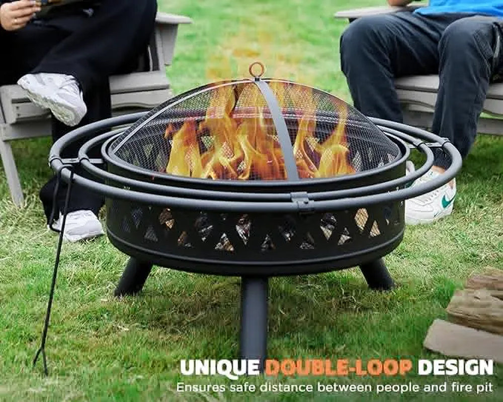 AMERLIFE 35 Inch Fire Pit, Outdoor Wood Burning Fire Pit Crossweave with Spark Screen Fire Poker with 2 Loops, for Backyard Patio Garden Bonfire