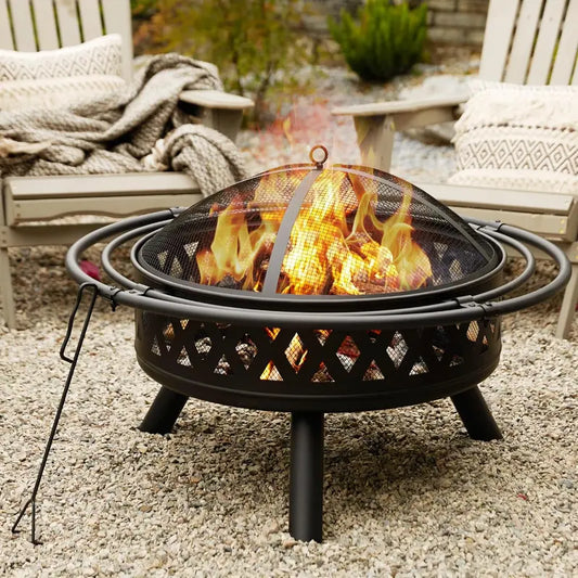 AMERLIFE 35 Inch Fire Pit, Outdoor Wood Burning Fire Pit Crossweave with Spark Screen Fire Poker with 2 Loops, for Backyard Patio Garden Bonfire