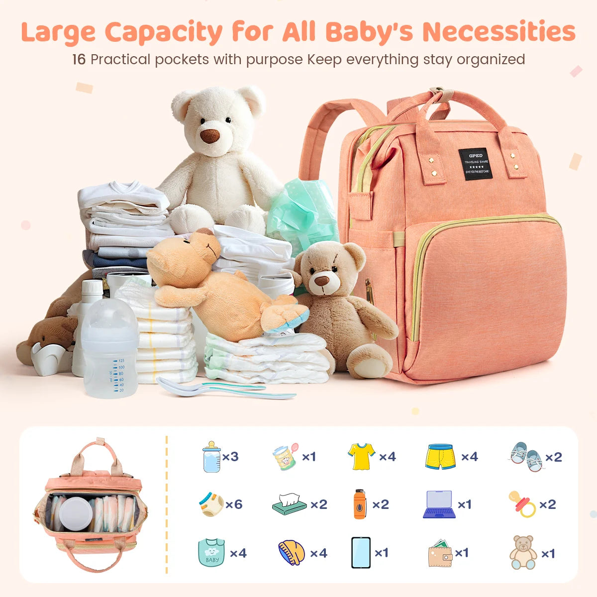 Multifunctional Baby Diaper Bags with Changing Station & Foldable Crib