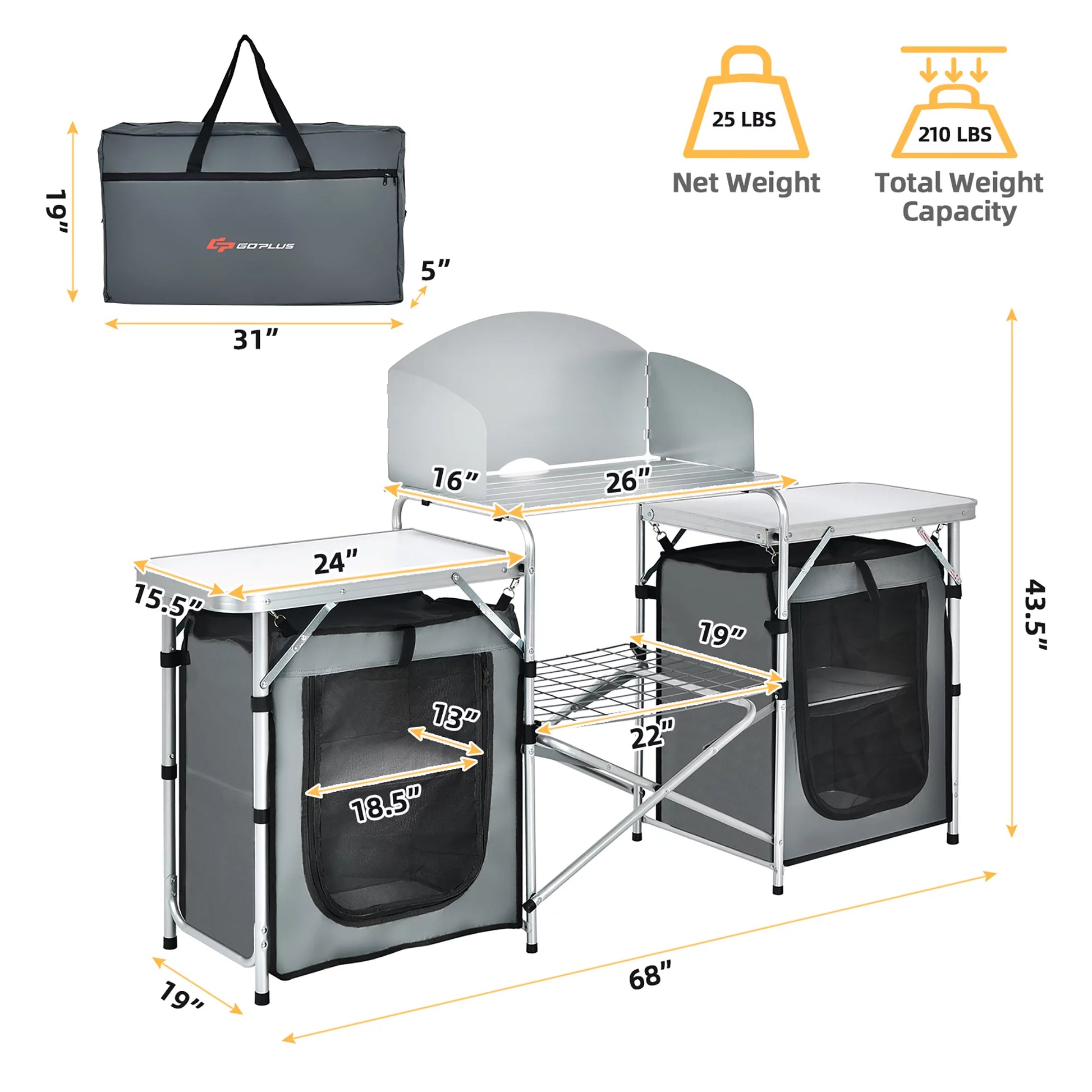 Folding Portable Aluminum Camping Grill Table W/ Storage Organizer Windscreen