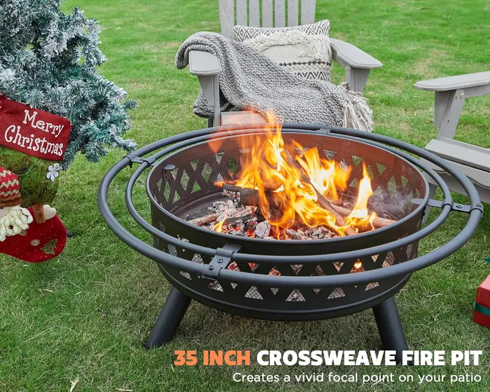 AMERLIFE 35 Inch Fire Pit, Outdoor Wood Burning Fire Pit Crossweave with Spark Screen Fire Poker with 2 Loops, for Backyard Patio Garden Bonfire