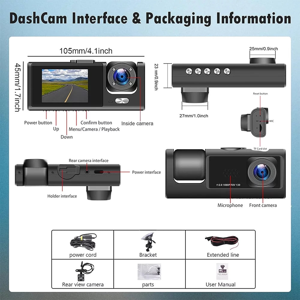 2" Car Dual Camera Dash Cam Front and Backup