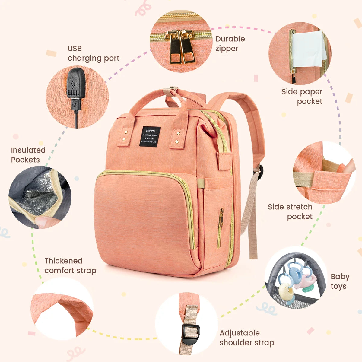 Multifunctional Baby Diaper Bags with Changing Station & Foldable Crib