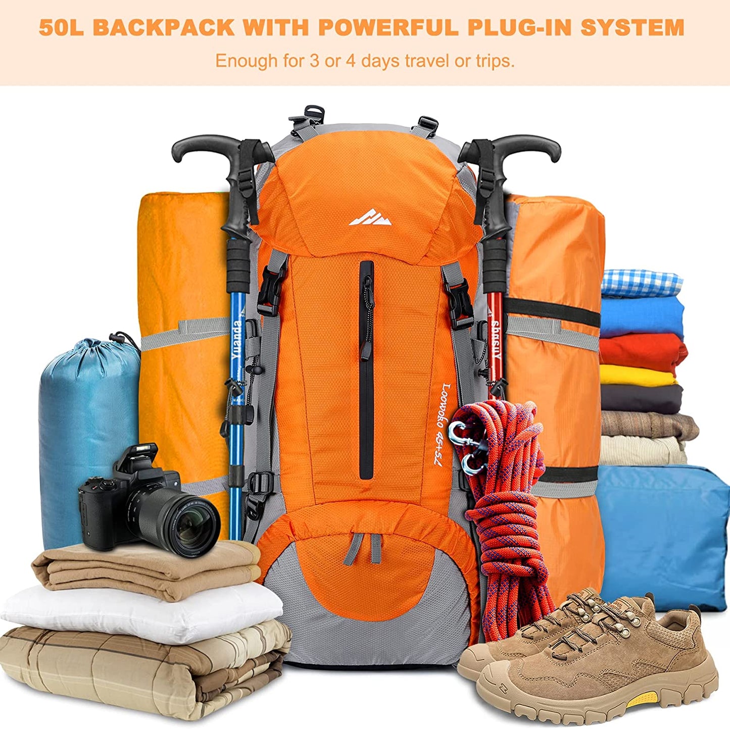 50L Waterproof Hiking Backpack with Rain Cover