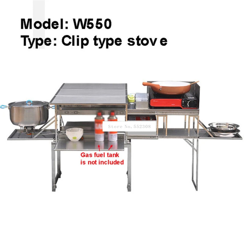 5-10 Person Outdoor Mobile Stainless Steel Kitchen with Gas Cooker Stove + Windshield