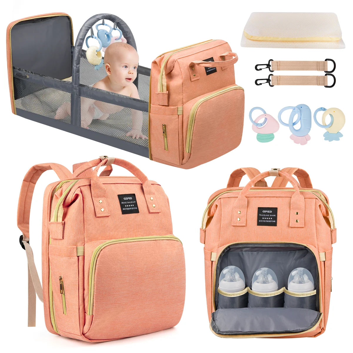 Multifunctional Baby Diaper Bags with Changing Station & Foldable Crib