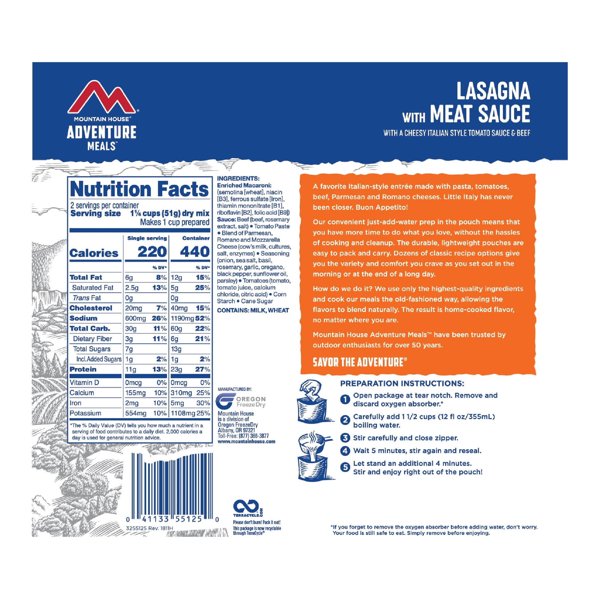 Lasagna W/Meat Sauce, Freeze-Dried Camping & Backpacking Food, 2 Serving