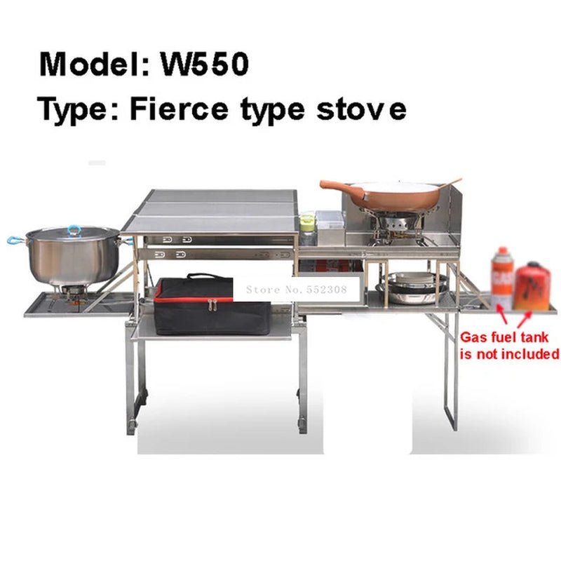 5-10 Person Outdoor Mobile Stainless Steel Kitchen with Gas Cooker Stove + Windshield